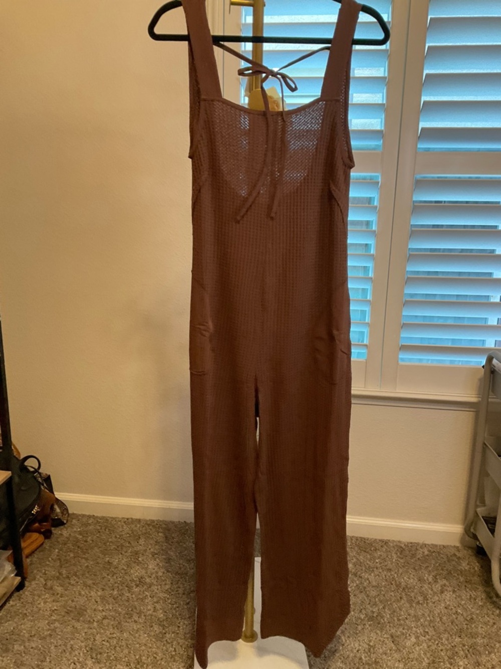 Zenana Outfitters Brown Waffle Knit Wide-Leg Overalls